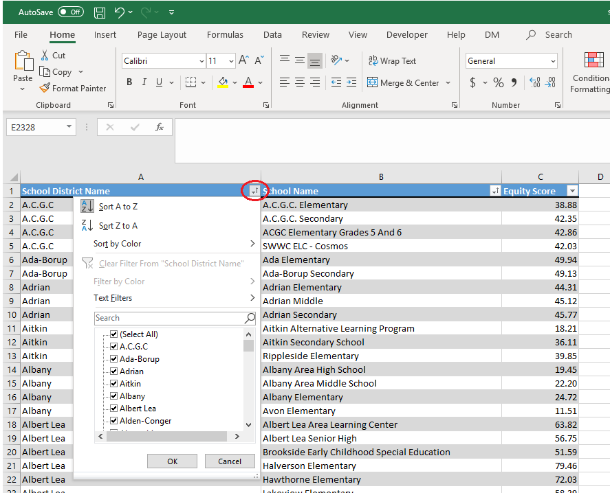 A screenshot showing the filter function in Excel